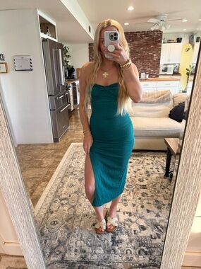 wild fable Teal Ruched Midi Dress with Side Slit
